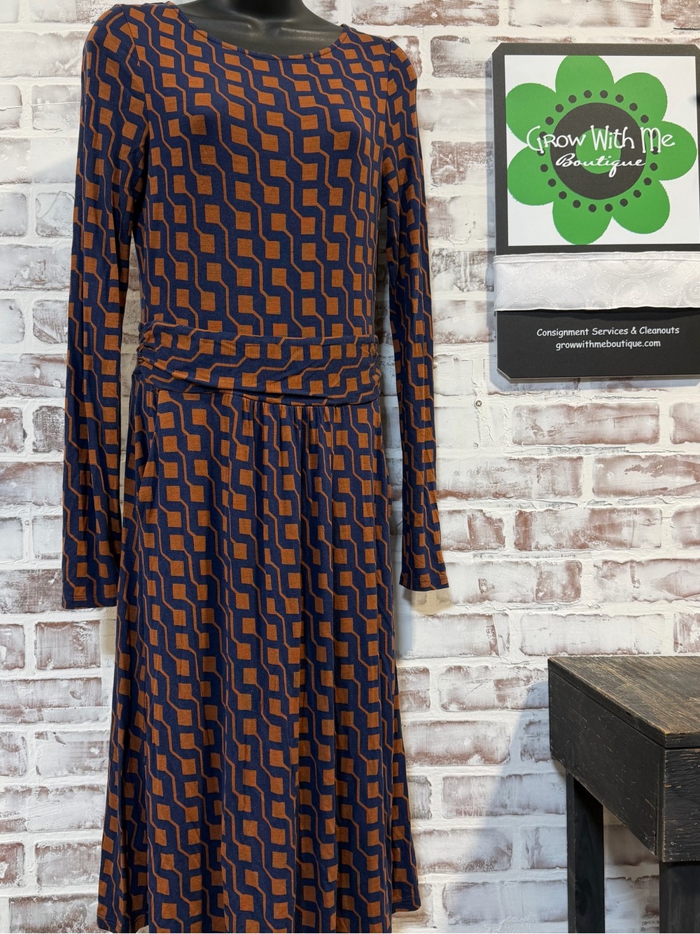 Boden Navy and Rust Geometric Long-Sleeve Midi Dress